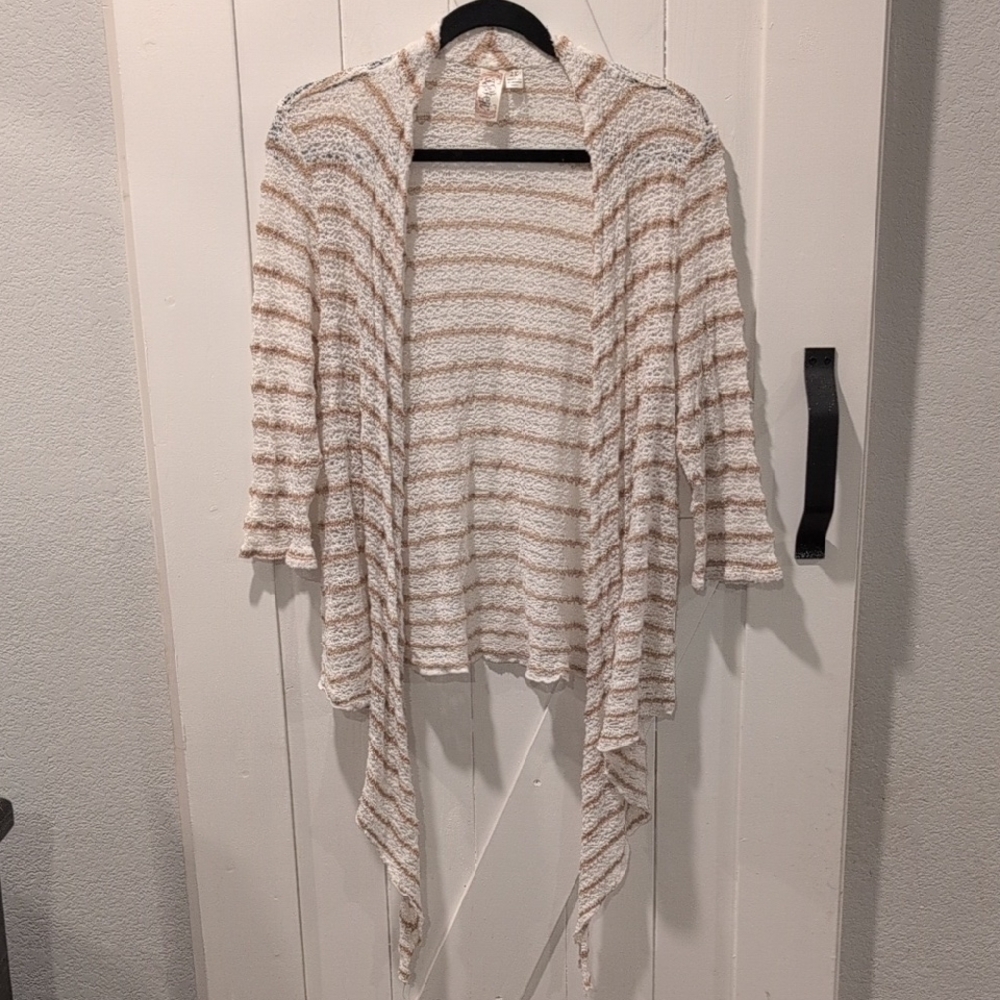 L8ter Cream and Tan Striped Textured Cardigan with 3/4 Sleeves, Size 2X